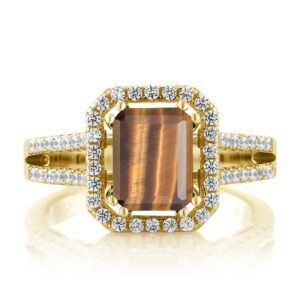 Gem Stone King 18K Yellow Gold Plated Silver Emerald Cut Brown Tiger Eye Women Ring (2.78 Cttw, Gemstone Birthstone, Available In Size 5, 6, 7, 8, 9)