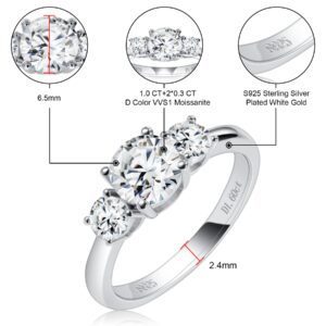 Hitlinker 3 Stone Moissanite Engagement Ring for Women White Gold S925 Sterling Silver Band Rings 1.6CT Round Cut Lab Created Diamond Rings Wedding Promise Ring Anniversary Rings for Her Size 9