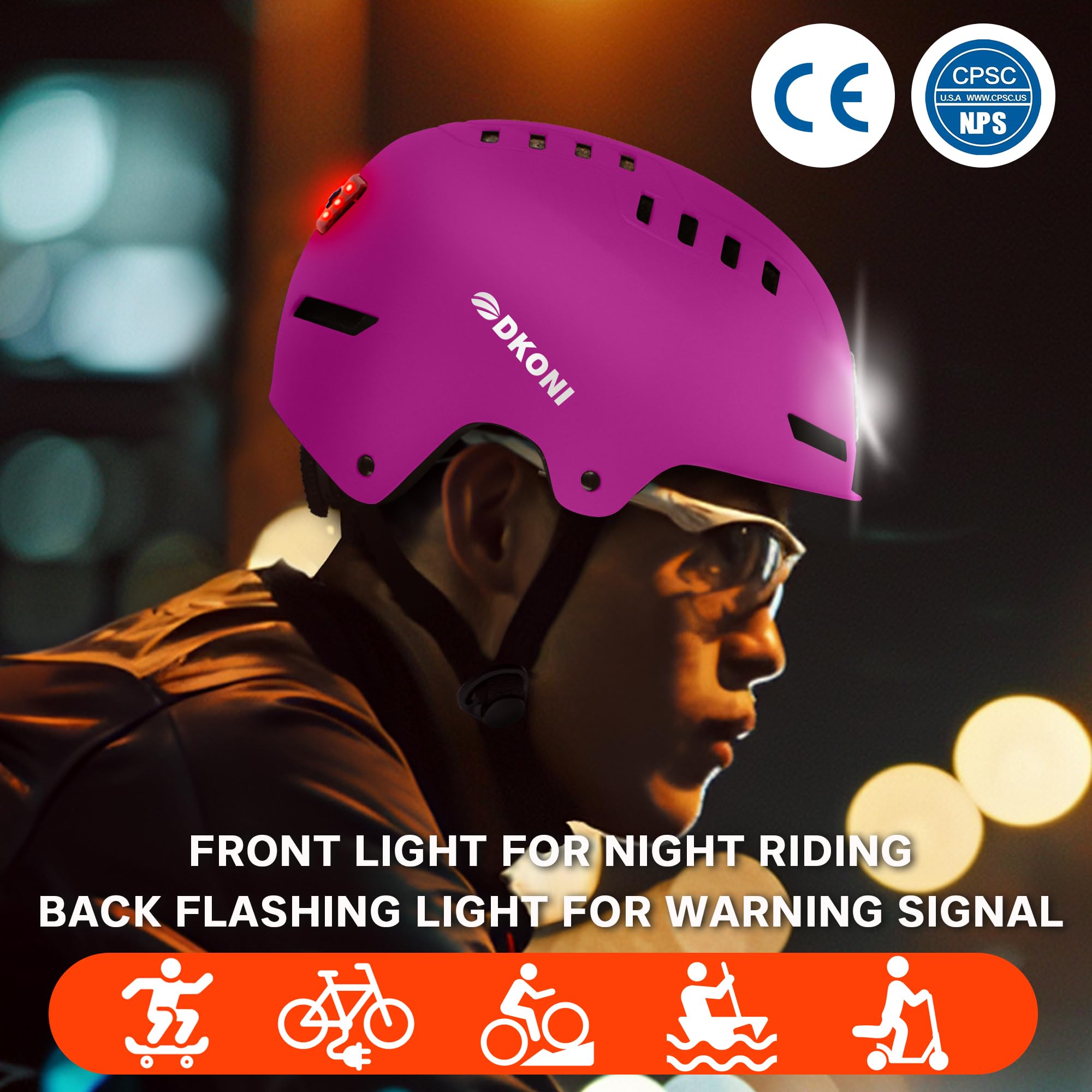 DKONI Bike Helmet with LED Lights Bicycle Helmets USB Rechargeable Front & Back LED Light Adult Cycling Helmet for Urban Commuter (Medium, Pink)