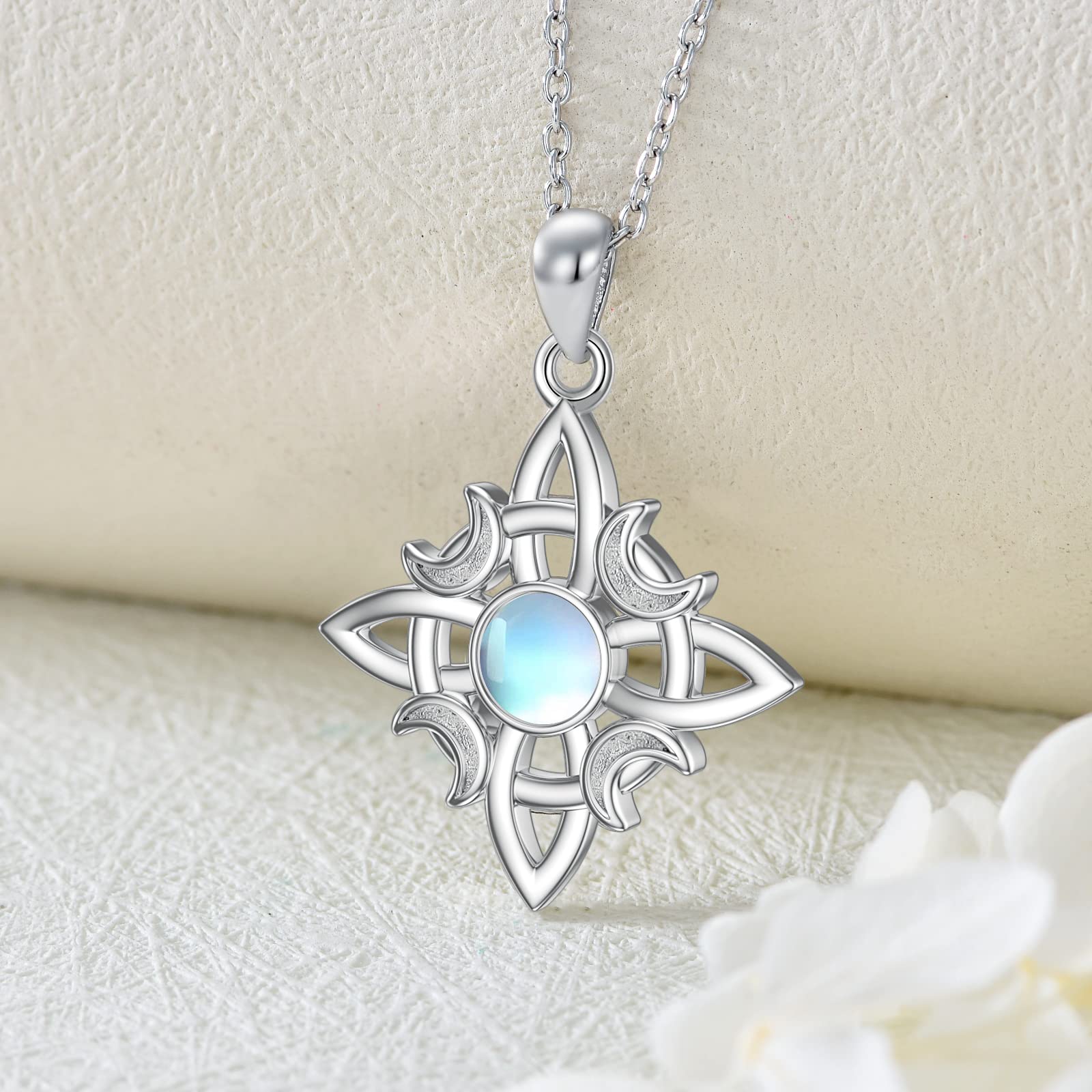 LONAGO Witches Knot Synthetic Moonstone Necklace 925 Sterling Silver Wicca Moon Irish Celtic Pendant Jewelry for Women