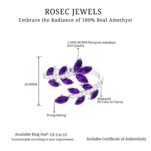 Rosec Jewels 2 CT Real Amethyst and Diamond Leaf Wrap Ring for Women | AAA Quality, 14K White Gold, Size:US 6.50