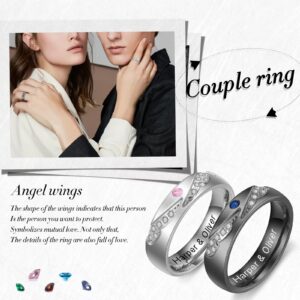 Luxladis Personalized Couples Rings Set for Him and Her Promise Rings for Couples Free Engraving Custom Name Stainless Steel Engagement Rings for Couples Valentines Day (Angelwings)