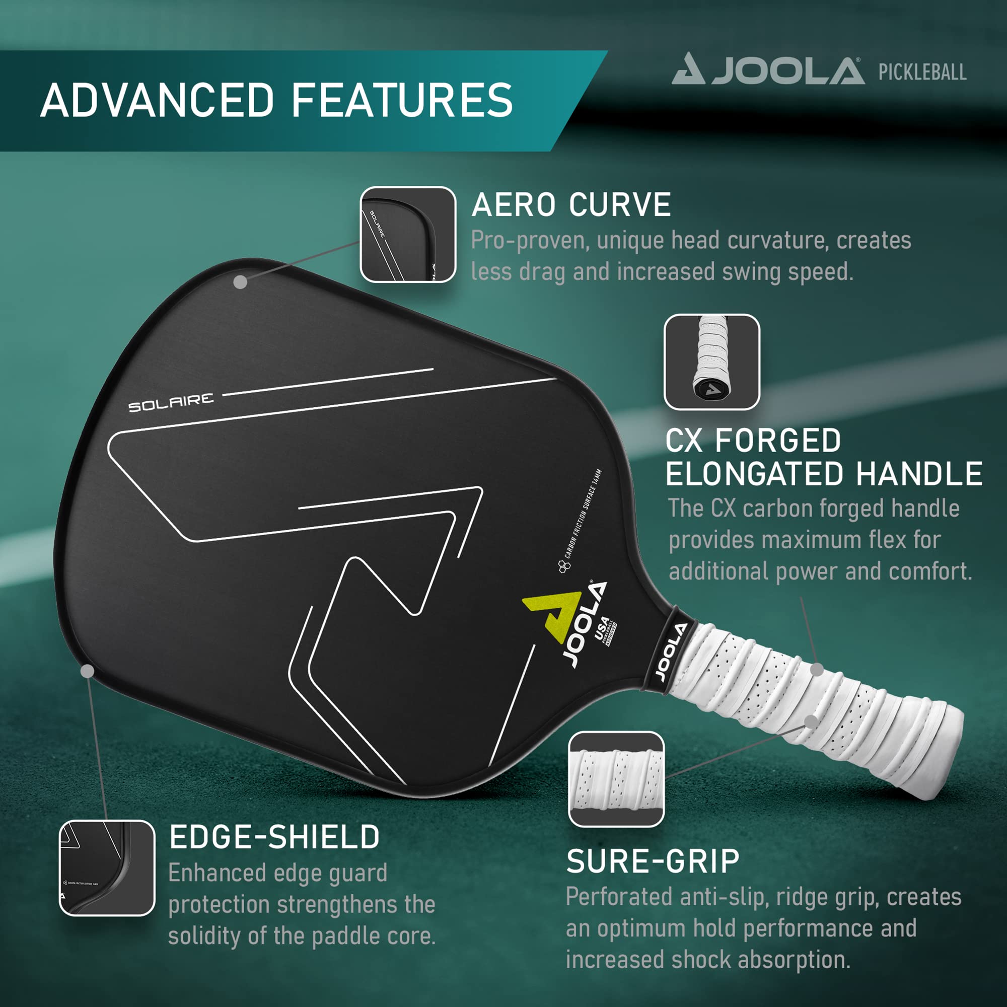 JOOLA Solaire Professional Pickleball Paddle with Carbon Friction Surface - Ideal Spin, Power, & Control - Racket with Reactive Polypropylene Honeycomb 14mm Core - Paddle Cover Included