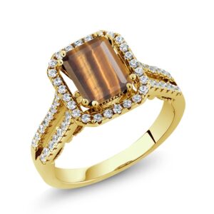 Gem Stone King 18K Yellow Gold Plated Silver Emerald Cut Brown Tiger Eye Women Ring (2.78 Cttw, Gemstone Birthstone, Available In Size 5, 6, 7, 8, 9)