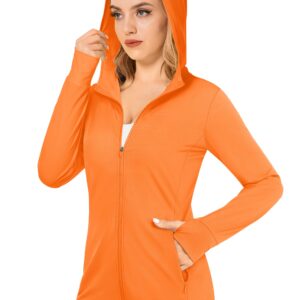 MAGCOMSEN Long Sleeve Hooded Jacket for Women SPF 50 Sun Shirt Performance Hoodie with Pockets Running Active Wear, Orange, L