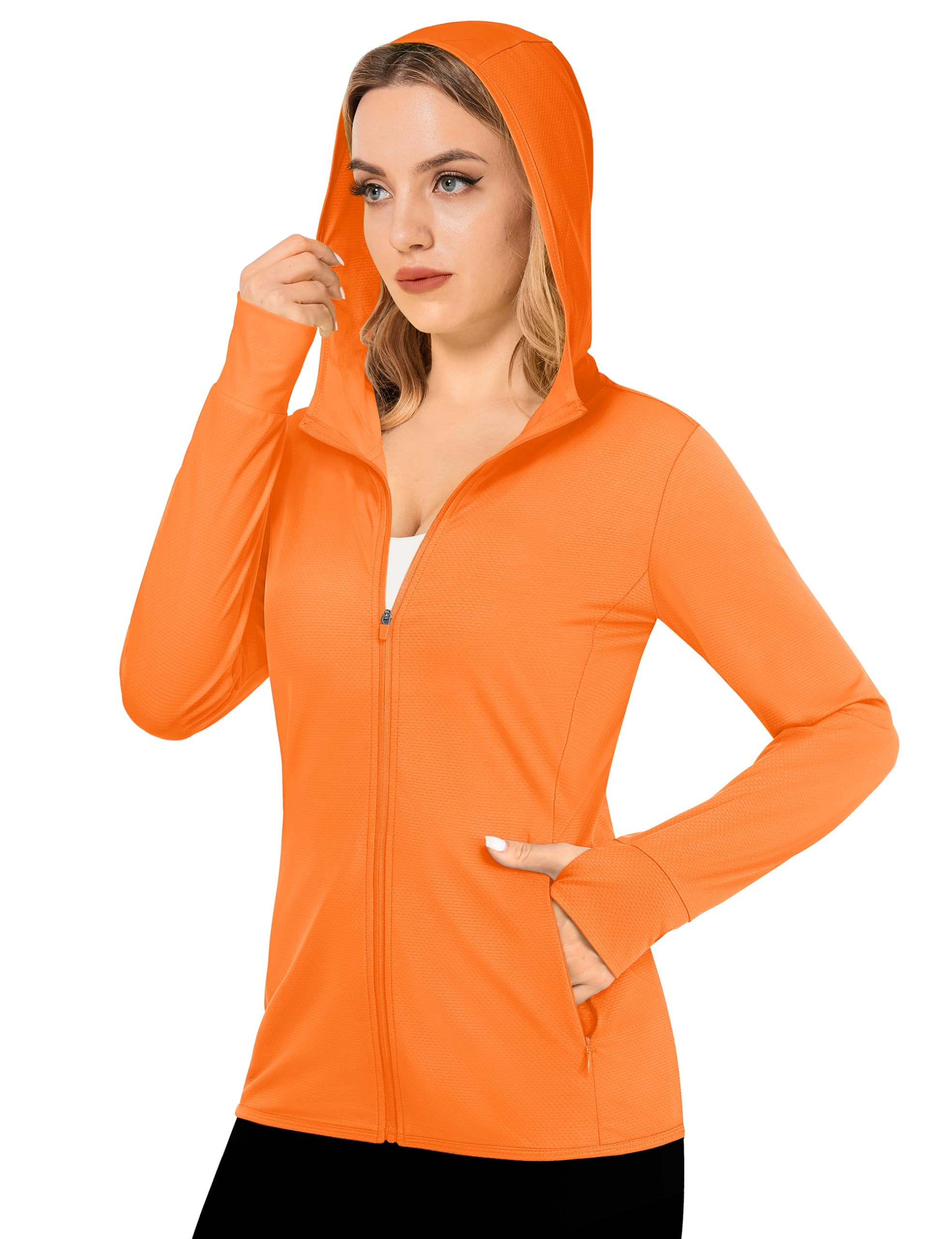 MAGCOMSEN Long Sleeve Hooded Jacket for Women SPF 50 Sun Shirt Performance Hoodie with Pockets Running Active Wear, Orange, L