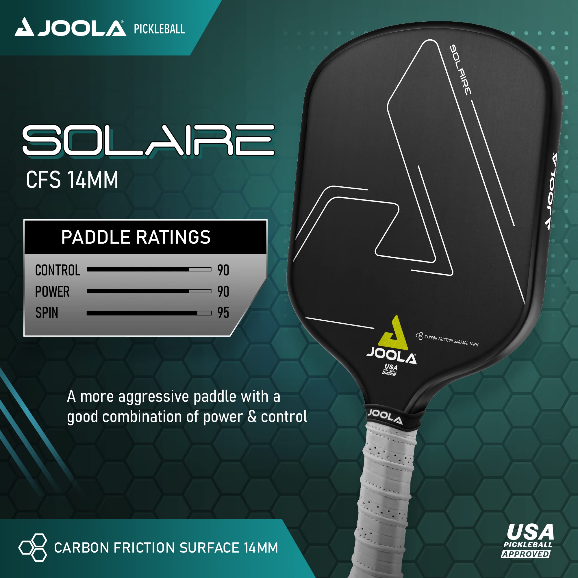 JOOLA Solaire Professional Pickleball Paddle with Carbon Friction Surface - Ideal Spin, Power, & Control - Racket with Reactive Polypropylene Honeycomb 14mm Core - Paddle Cover Included