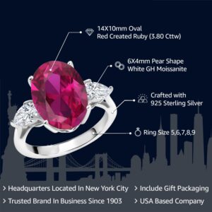 Gem Stone King 925 Sterling Silver Oval Red Created Ruby and White Moissanite 3 Stone Women Ring (3.80 Cttw, 14X10MM Oval and 6X4MM Pear Shape, Available In Size 5, 6, 7, 8, 9)