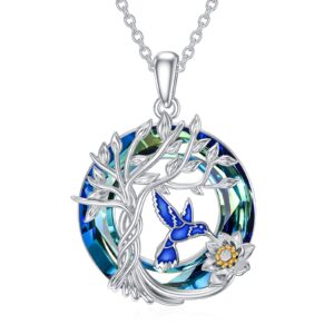 toupop insect animal theme tree of life sterling silver hummingbird pendant necklace with blue crystal cremation jewelry birthday memorial gifts for women, deep blue hummingbird