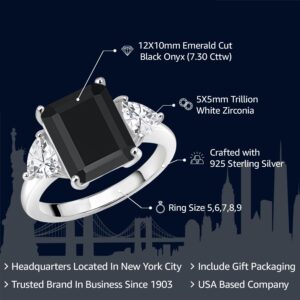 Gem Stone King 7.30 Cttw Black Onyx 3-Stone Ring For Women In 925 Sterling Silver | Emerald Cut 12X10MM | Trillion 5X5MM | Gemstone December Birthstone | Available in Size 5,6,7,8,9