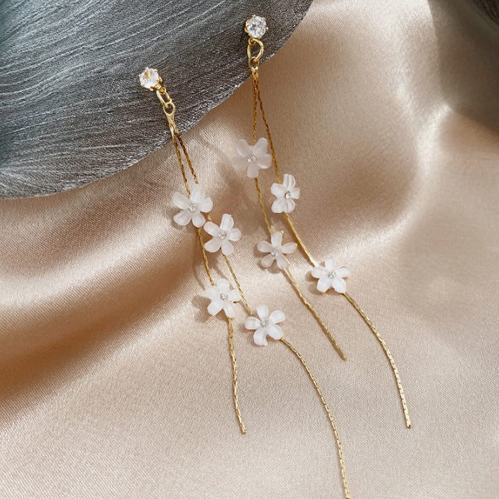 Flower Drop Earrings, White Flower Earrings 925 Silver Needle Post Back, Linear Earrings, Flower Dangle Earrings, Dainty Earrings, Floral Earrings, Long Drop Flower Earrings