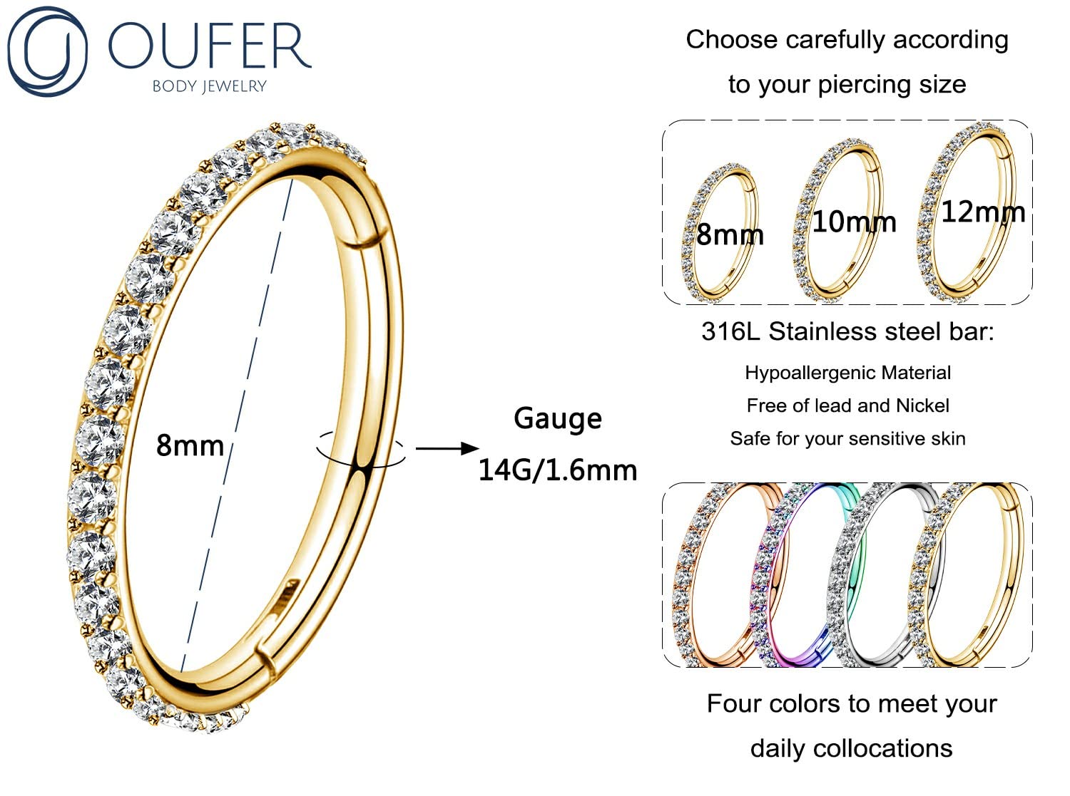 OUFER 14G Gold Belly Button Rings, 316L Surgical Steel Belly Button Hoop Jewelry, Clear CZ Paved Belly Hoop Rings, Belly Piercing Jewelry-8MM