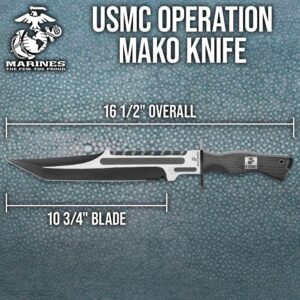 USMC Operation Mako Knife | 10 3/4" Full-Tang Stainless Steel Blade | Sawback and Partial Serrations | Hard TPU Handle | Nylon Belt Sheath | 16 1/2" Overall Length