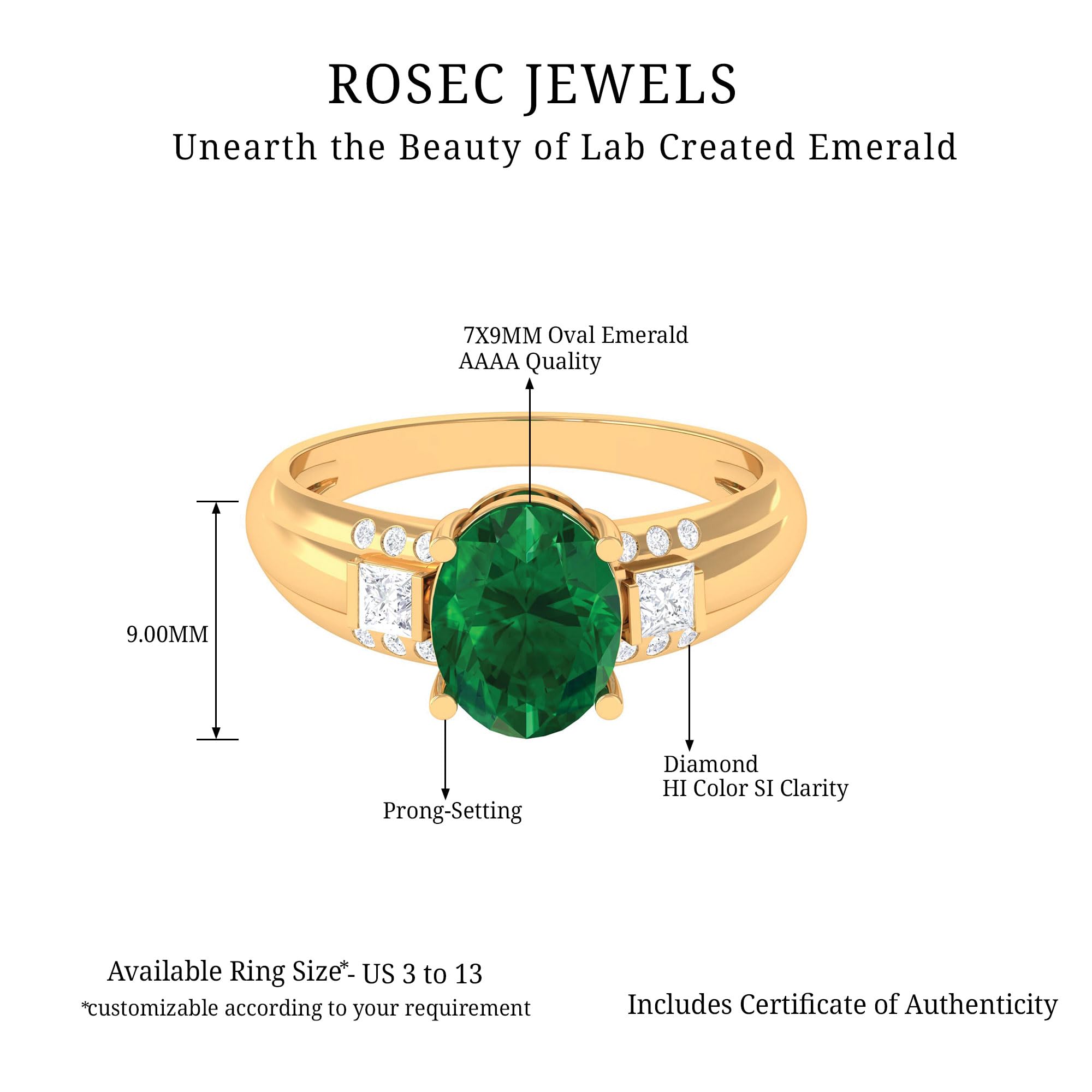 Rosec Jewels Certified Created Emerald Solitaire Engagement Ring| 7X9 MM Oval| AAAA Quality, 14K Yellow Gold, Size:US 6.00