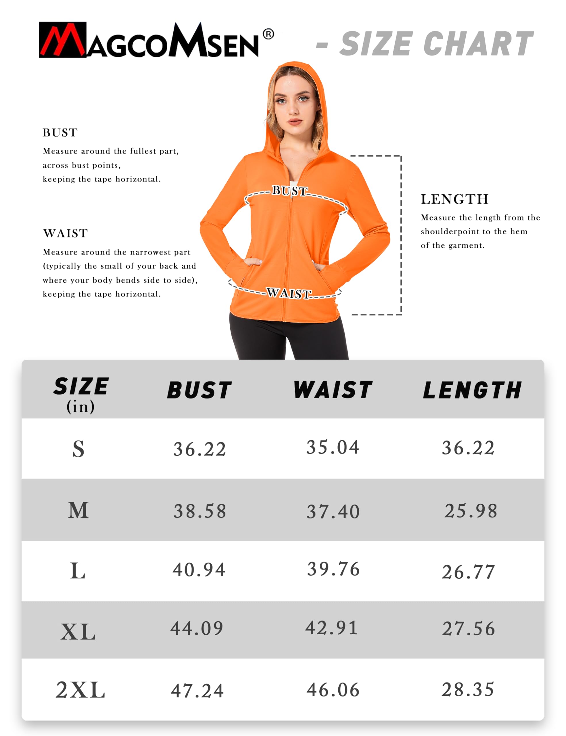 MAGCOMSEN Long Sleeve Hooded Jacket for Women SPF 50 Sun Shirt Performance Hoodie with Pockets Running Active Wear, Orange, L