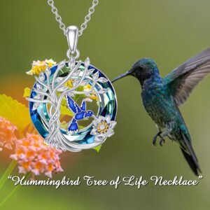 TOUPOP Insect Animal Theme Tree of Life Sterling Silver Hummingbird Pendant Necklace with Blue Crystal Cremation Jewelry Birthday Memorial Gifts for Women, Deep Blue Hummingbird