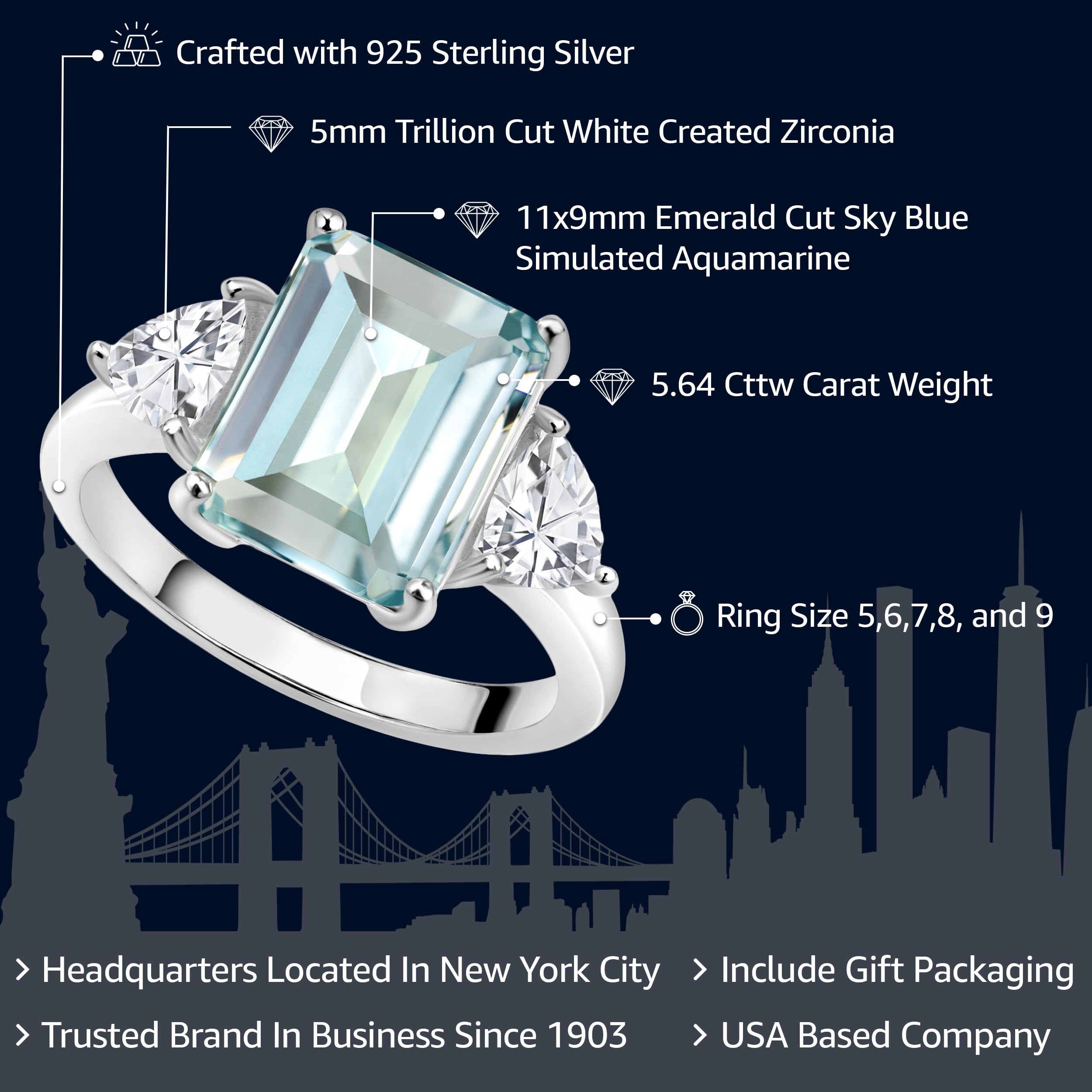 Gem Stone King 925 Sterling Silver Sky Blue Simulated Aquamarine 3 Stone Engagement Ring For Women (6.95 Cttw, Emerald Cut 12X10MM, Trillion 5MM, Available In Size 5, 6, 7, 8, 9)