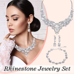 6 Set women Silver Jewelry Set Crystal Rhinestone Necklace Bracelet Teardrop Dangle Earrings Bridal Jewelry Set for Wedding(Classic Style)