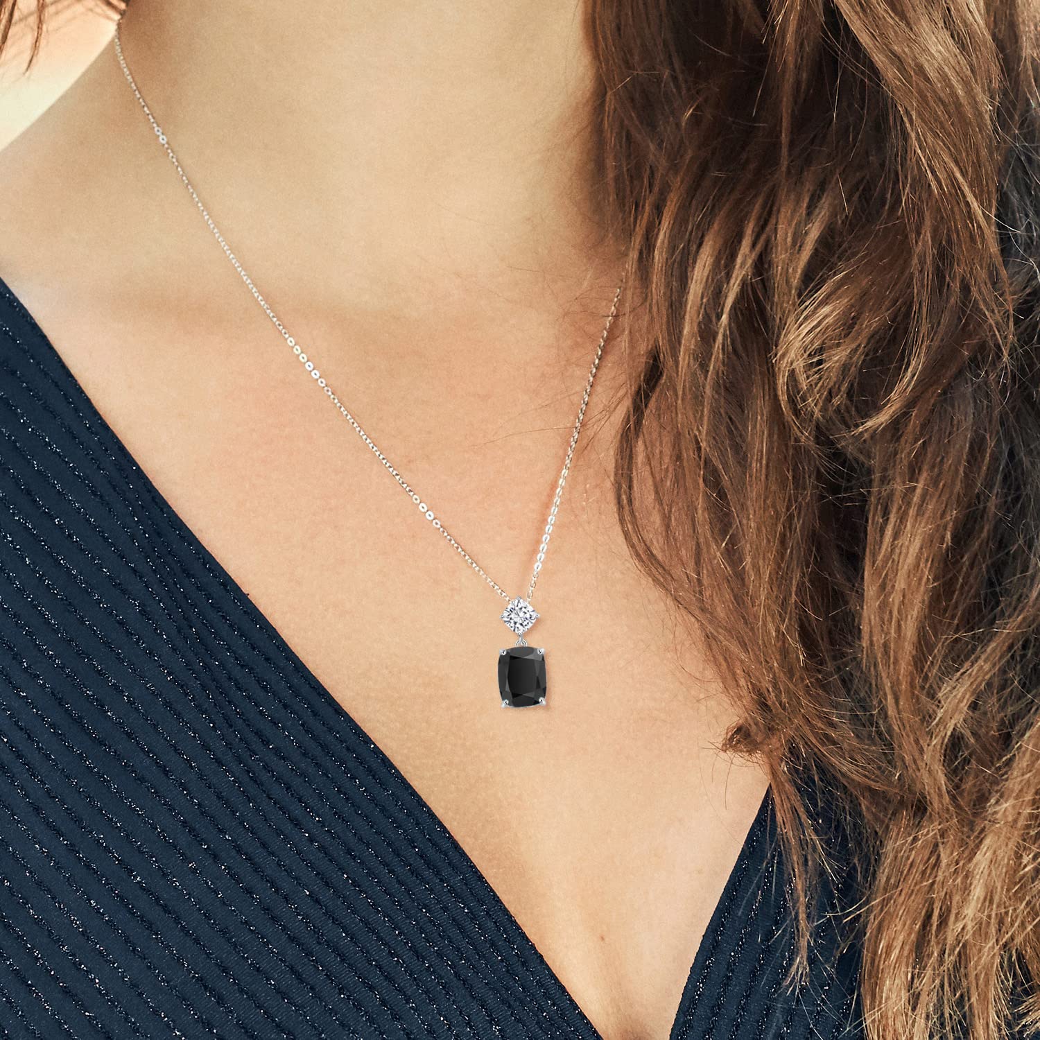 Gem Stone King 2-Stone Drop Necklace In 925 Sterling Silver with 10X8MM Cushion Gemstone Birthstone and 5MM White Moissanite | Pendant Necklace For Women | With 18 Inch Silver Chain