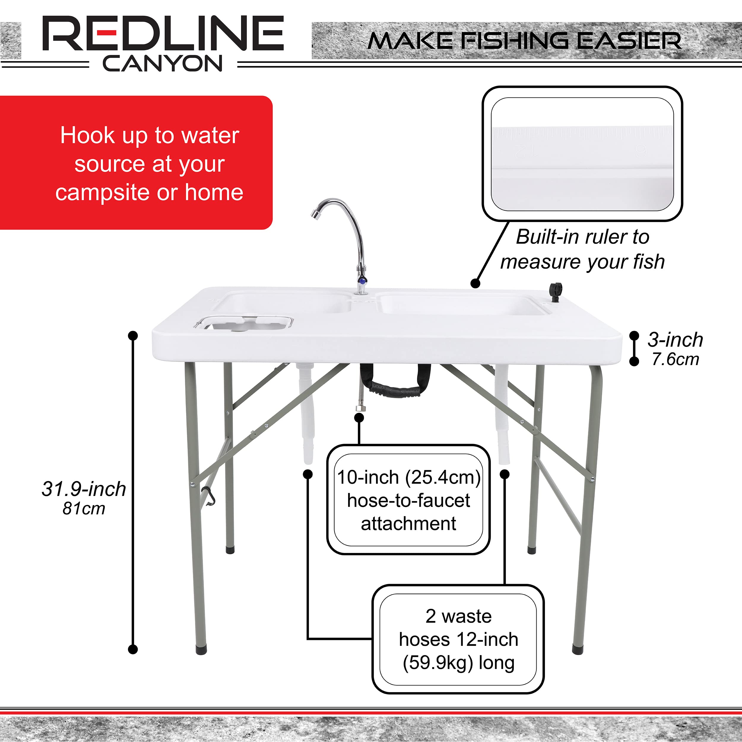 Redline Canyon Camping Sink Table with Dual Sinks - Plastic, Steel, Portable 32in Tall Fish Cleaning Table Countertop Camping Kitchen with Faucet