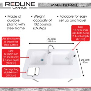 Redline Canyon Camping Sink Table with Dual Sinks - Plastic, Steel, Portable 32in Tall Fish Cleaning Table Countertop Camping Kitchen with Faucet