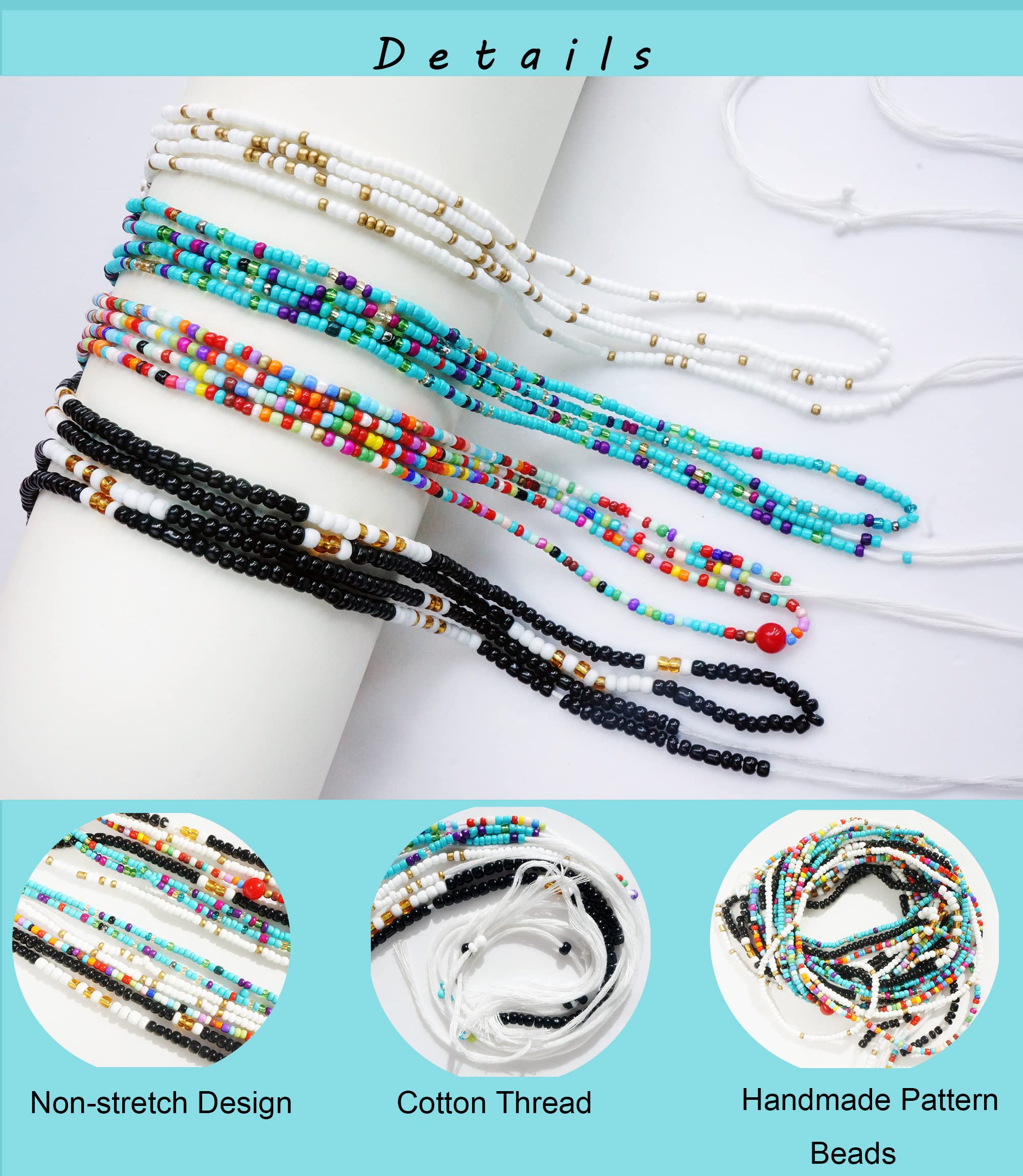 50 Inch Waist Beads for Women African Waist Beads Plus Size Layered Colorful Belly Beads Body Jewelry Non-Stretching Belly Chains（4PCSTurquoise)