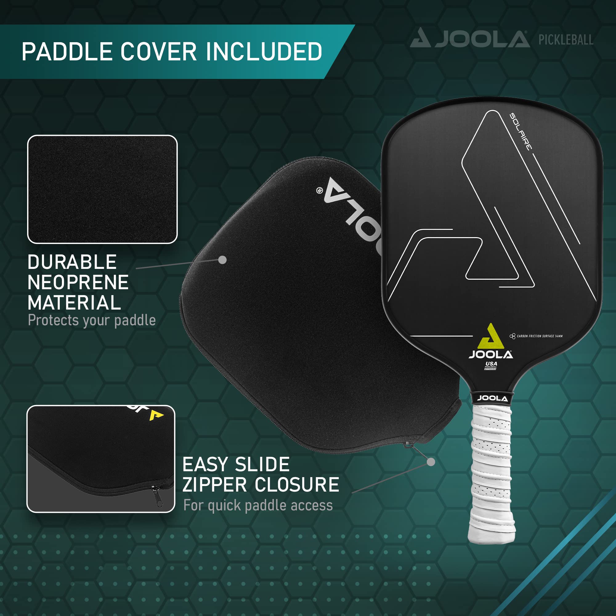 JOOLA Solaire Professional Pickleball Paddle with Carbon Friction Surface - Ideal Spin, Power, & Control - Racket with Reactive Polypropylene Honeycomb 14mm Core - Paddle Cover Included