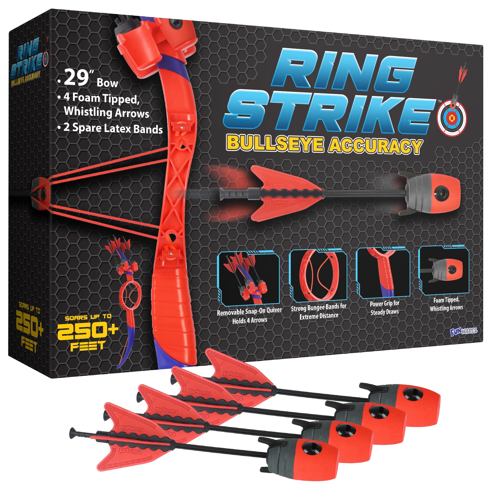 Funwares Ring Strike Archery Bow and Arrow Launches Arrows Over 200 Feet, includes 1 Kid-Powered Bow and 4 Whistling Foam Tipped Arrows