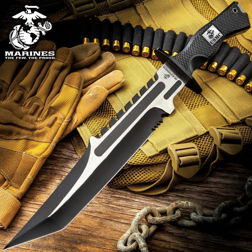 USMC Operation Mako Knife | 10 3/4" Full-Tang Stainless Steel Blade | Sawback and Partial Serrations | Hard TPU Handle | Nylon Belt Sheath | 16 1/2" Overall Length