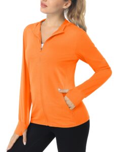 magcomsen long sleeve hooded jacket for women spf 50 sun shirt performance hoodie with pockets running active wear, orange, l