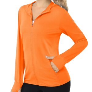 MAGCOMSEN Long Sleeve Hooded Jacket for Women SPF 50 Sun Shirt Performance Hoodie with Pockets Running Active Wear, Orange, L