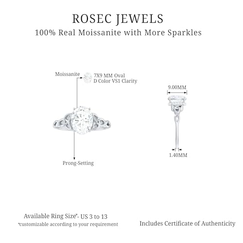 Rosec Jewels Certified Moissanite 7X9mm Oval Shape Engagement Ring, D-Vs1 Quality, Moissanite Diamond Knot Ring - Ready To Gift, 14K White Gold, Size:US 8.50