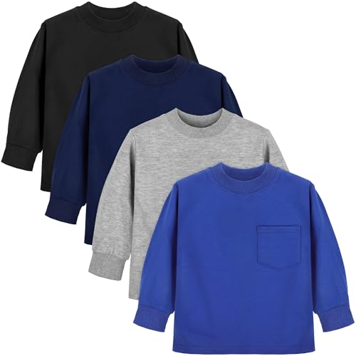 Cooraby 4 Pack Toddler Boys Long-Sleeve Shirts with Pocket Crewneck Pullover Sweatshirt Thermal Solid Long Sleeve Cotton Top