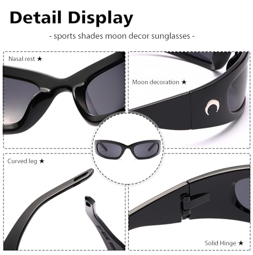 PEGH Wrap Around Sunglasses Y2K Trendy, Fashion Black Sporty Sun Glasses Moon Décor Shades