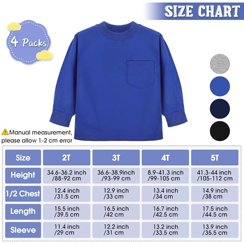 Cooraby 4 Pack Toddler Boys Long-Sleeve Shirts with Pocket Crewneck Pullover Sweatshirt Thermal Solid Long Sleeve Cotton Top