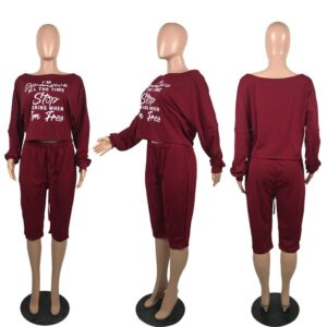 Plus Size Women’s Tracksuit Set 2 Piece Off One Shoulder Pullover Top Drawstring Capri Pants Sportswear Outfits Pajamas Wine Red-L