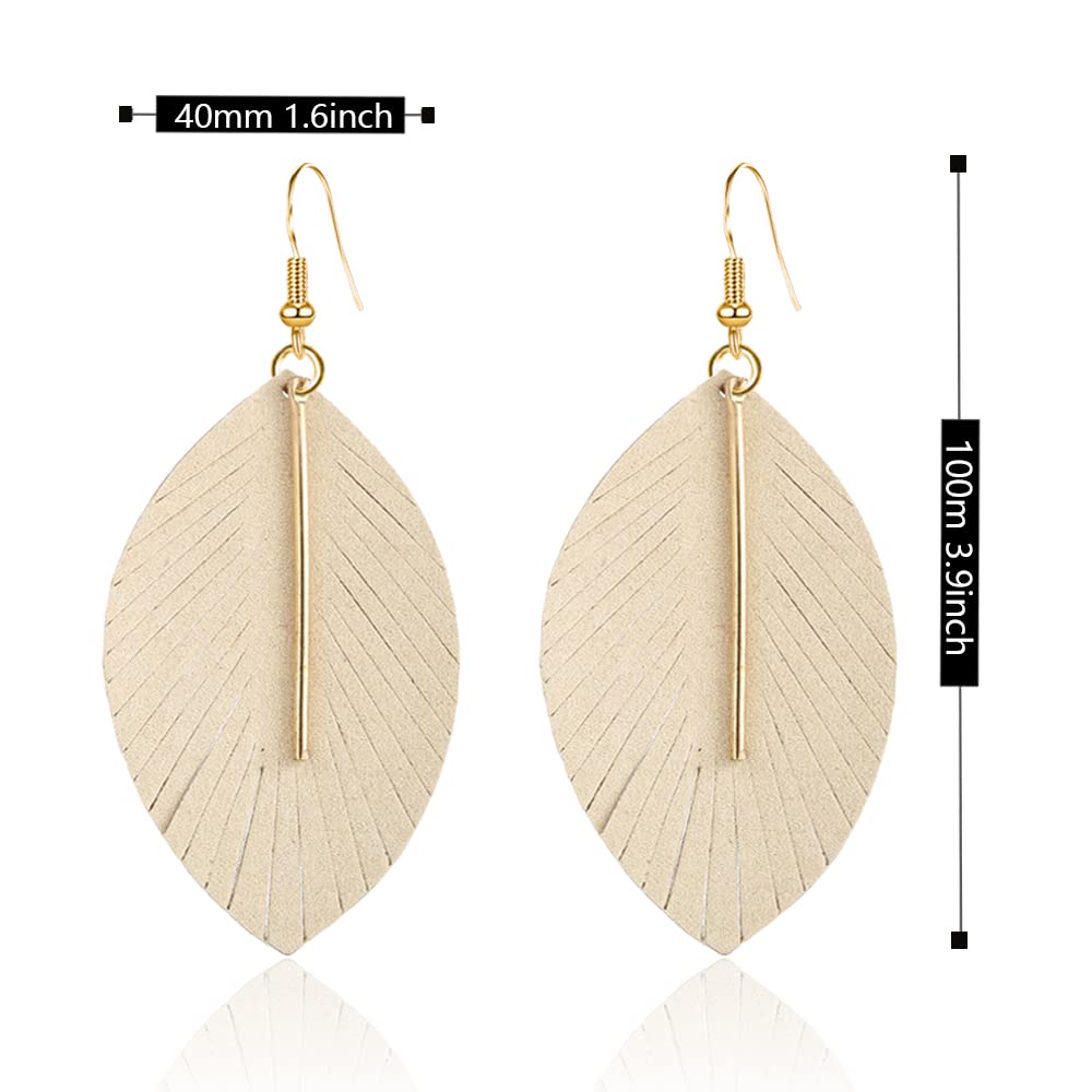 GBAHFY Feather Leather Layered Fringe Earrings for Women Boho Genuine Leather Leaf Tassel Dangle Statement Earrings Bohemian Hypoallergenic Lightweight Drop Earring with Metal Bar Nickel Free (Beige)