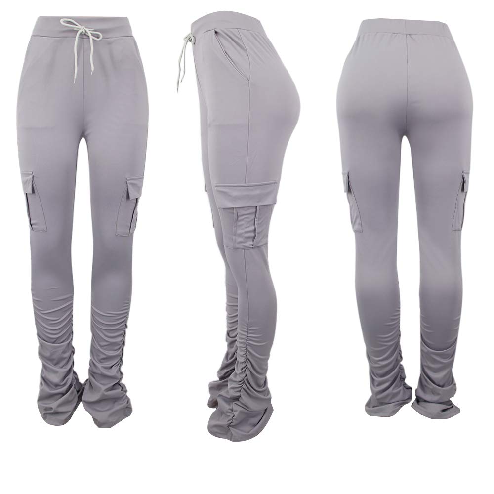 SHINFY Women's Stacked Leggings Pants Bell Bottom Yoga Pants Ruched Jogging Sweatpants A-Grey