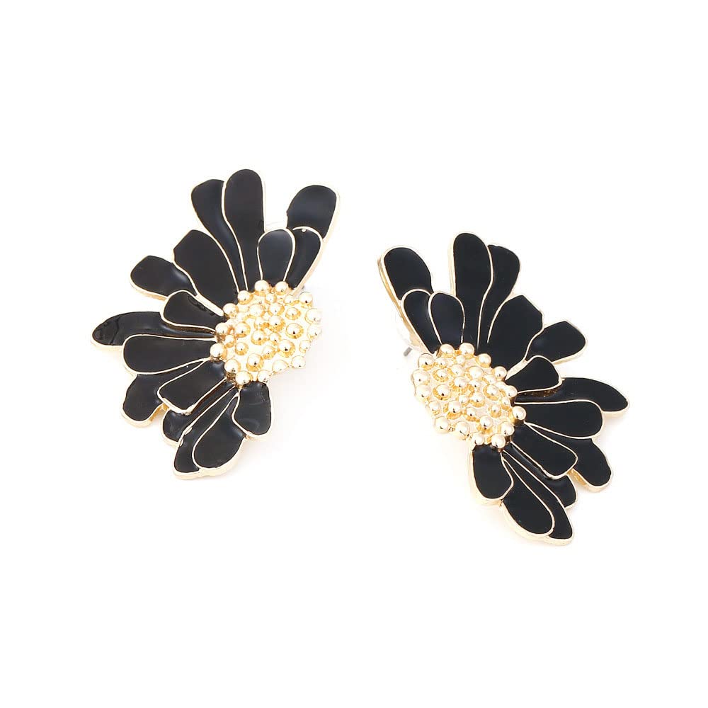 Gold Flower Stud Earrings Vintage Exaggerated Daisy Flower Big Earrings for Women (Black)