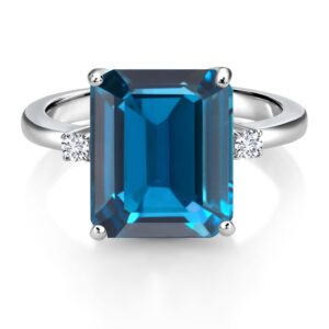 Gem Stone King 7.58 Cttw 12X10MM London Blue Topaz and 2MM White Lab Grown Diamond 3 Stone Engagement Ring For Women In 925 Sterling Silver | Gemstone Birthstone | Size 5,6,7,8,9