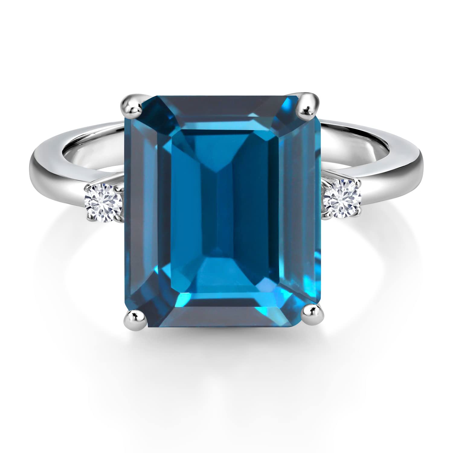 Gem Stone King 7.58 Cttw 12X10MM London Blue Topaz and 2MM White Lab Grown Diamond 3 Stone Engagement Ring For Women In 925 Sterling Silver | Gemstone Birthstone | Size 5,6,7,8,9