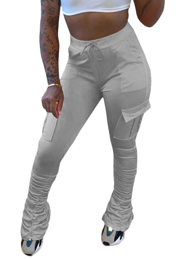 SHINFY Women's Stacked Leggings Pants Bell Bottom Yoga Pants Ruched Jogging Sweatpants A-Grey