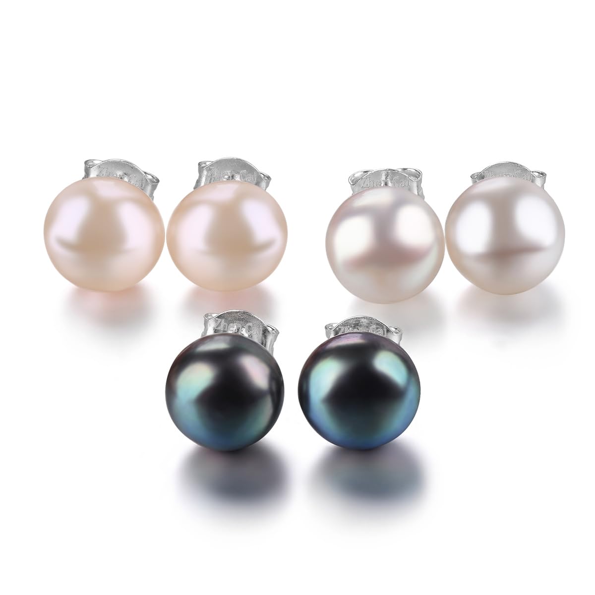 ZhenCai 3 Pairs Freshwater Pearl Stud Earrings for Women S925 Sterling Silver June Birthstone Studs Rhodium Plated Classic Style Fine Jewelry for Birthday Mother's Day (White+Black+Pink)