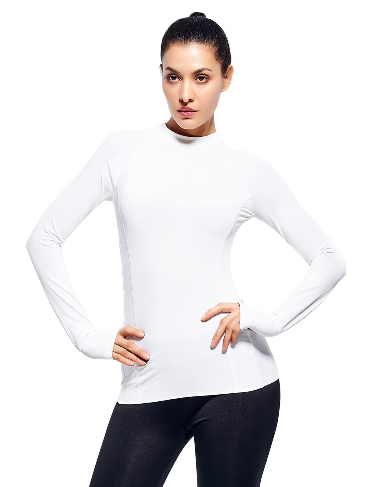 Moisture Wicking Shirts for Women Long Sleeve Mock Neck with Thumb Holes(White,XL)