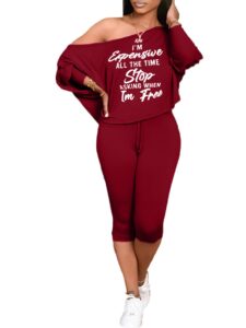 plus size women’s tracksuit set 2 piece off one shoulder pullover top drawstring capri pants sportswear outfits pajamas wine red-l