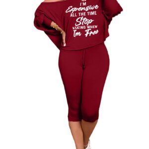 Plus Size Women’s Tracksuit Set 2 Piece Off One Shoulder Pullover Top Drawstring Capri Pants Sportswear Outfits Pajamas Wine Red-L