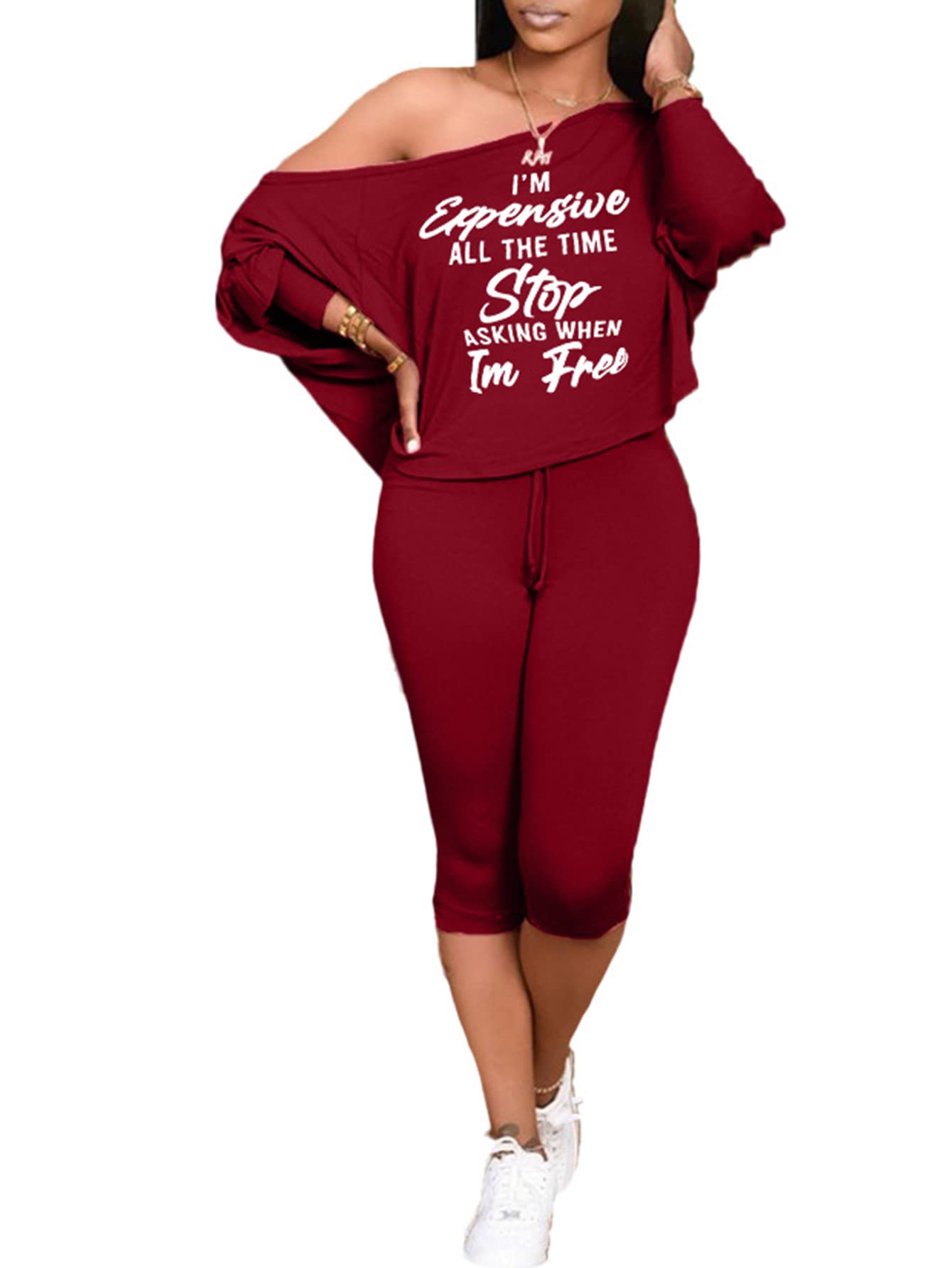 Plus Size Women’s Tracksuit Set 2 Piece Off One Shoulder Pullover Top Drawstring Capri Pants Sportswear Outfits Pajamas Wine Red-L