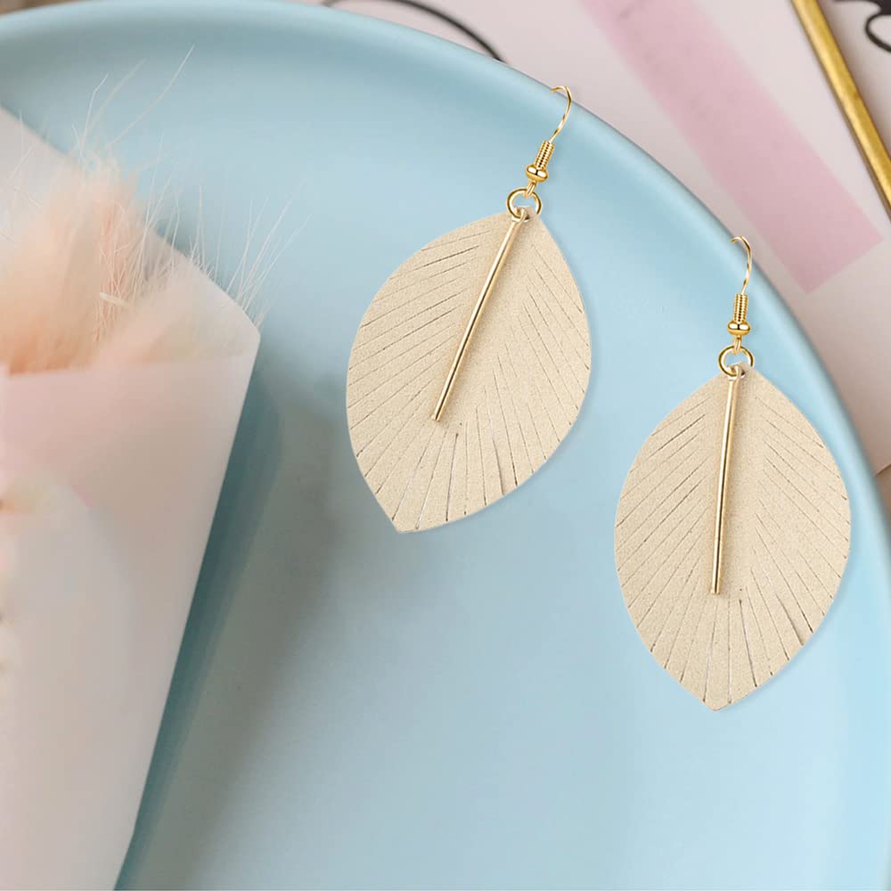 GBAHFY Feather Leather Layered Fringe Earrings for Women Boho Genuine Leather Leaf Tassel Dangle Statement Earrings Bohemian Hypoallergenic Lightweight Drop Earring with Metal Bar Nickel Free (Beige)