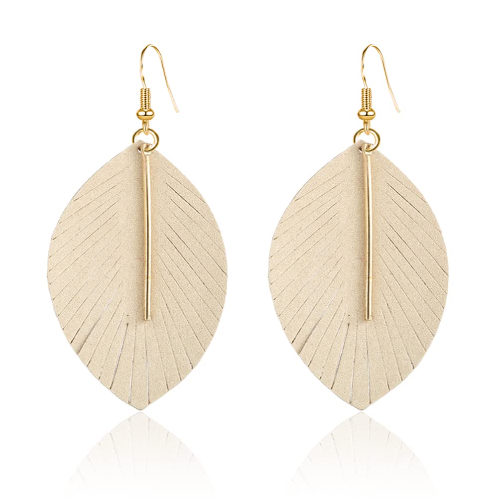 GBAHFY Feather Leather Layered Fringe Earrings for Women Boho Genuine Leather Leaf Tassel Dangle Statement Earrings Bohemian Hypoallergenic Lightweight Drop Earring with Metal Bar Nickel Free (Beige)