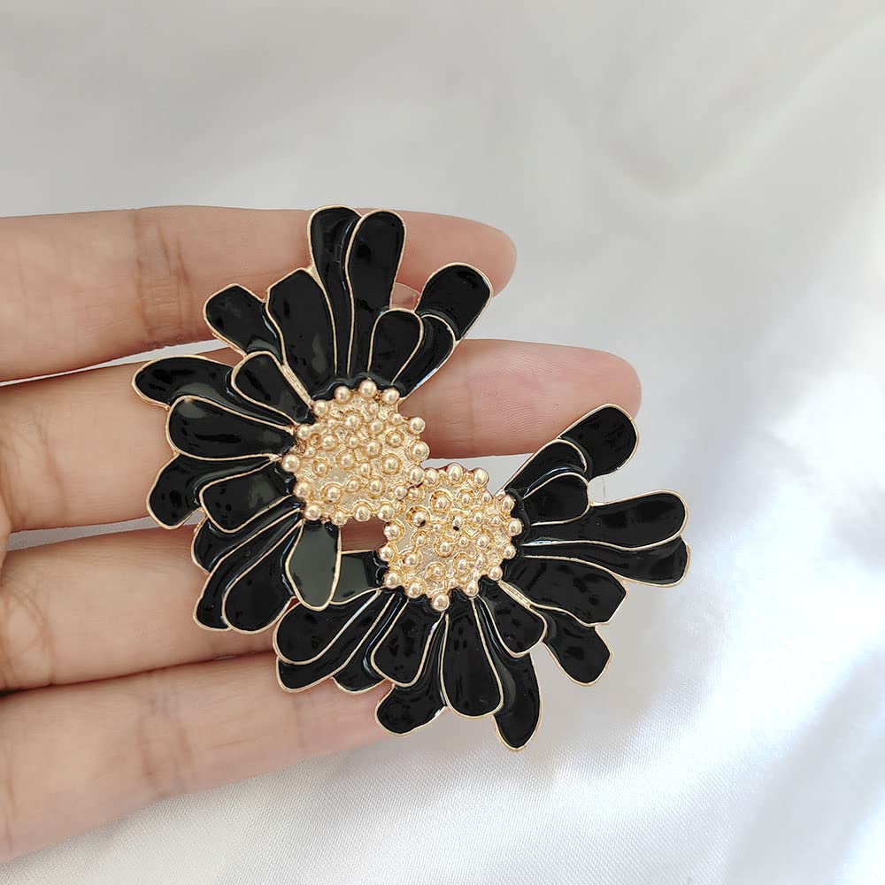 Gold Flower Stud Earrings Vintage Exaggerated Daisy Flower Big Earrings for Women (Black)